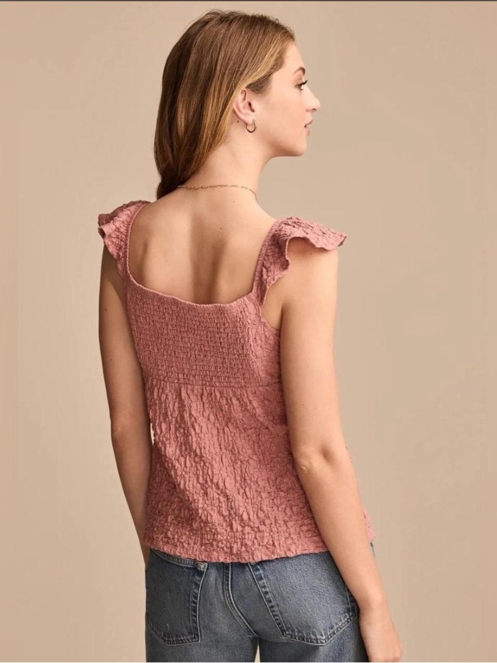 Lucky Brand Textured Babydoll Dusty Rose Smocked Tie-Front Top NWT - Picture 3 of 7